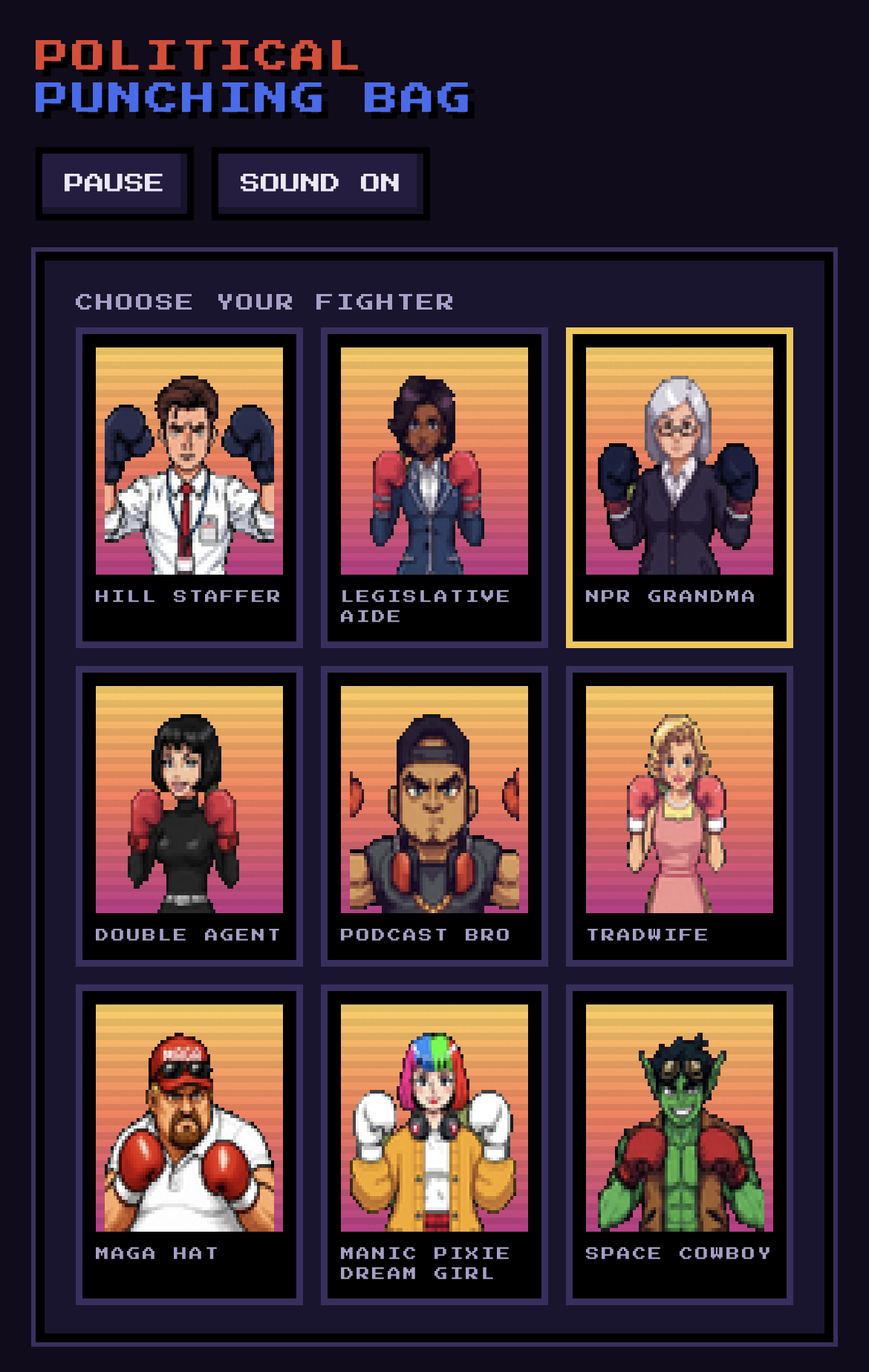 The fighter select screen with nine player fighters