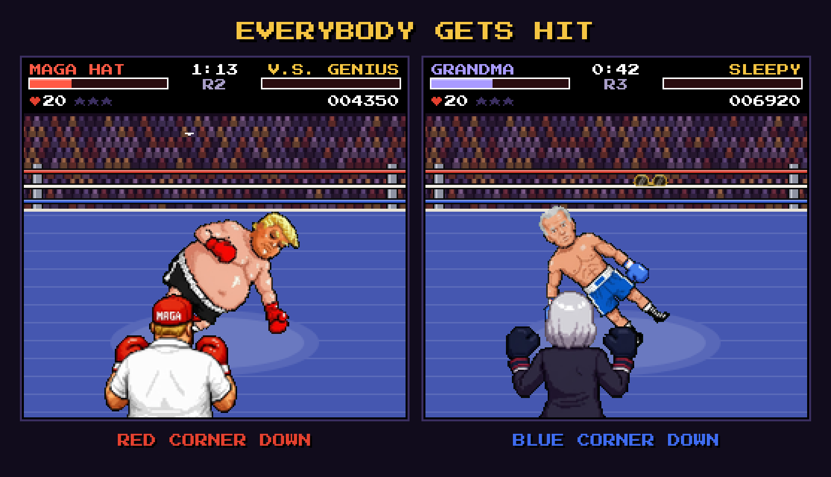 Two knockouts side by side: the red corner and the blue corner both go down