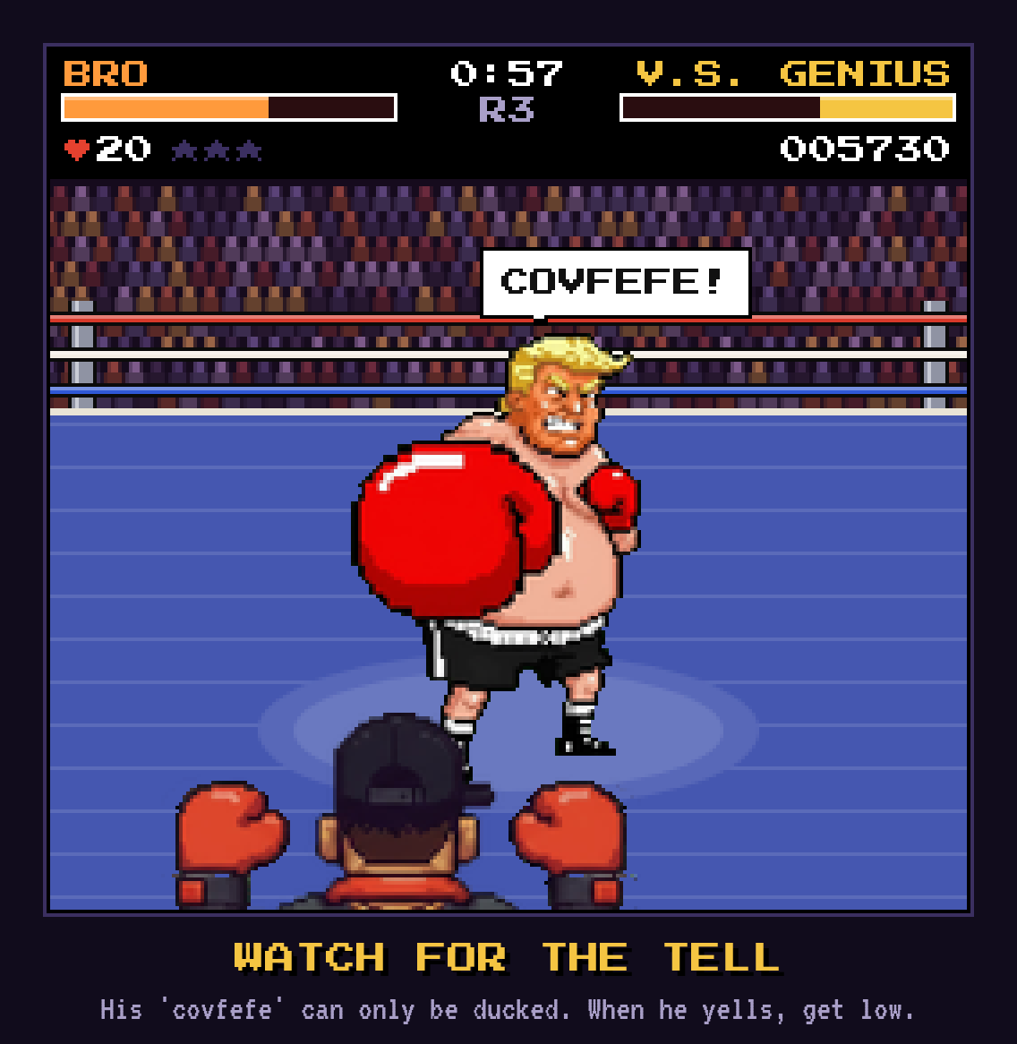 An opponent winds up a haymaker while the player ducks